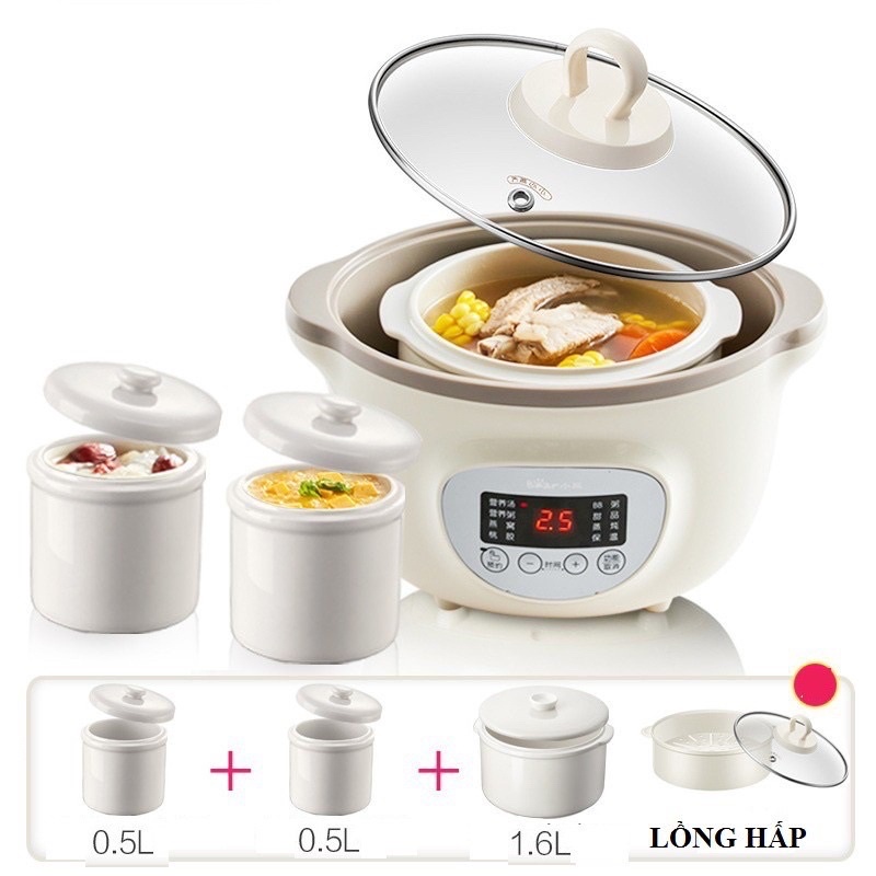 [Kèm 2 thố] Nồi ninh hầm nấu cháo Bear 1,6l cho bé (có thể vừa nấu vừa hấp cùng lúc)