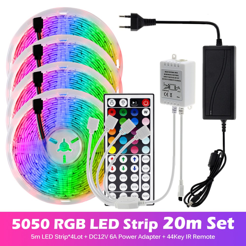 5M DIY 2835 SMD RGB LED Strip Lights 24Key IR Remote Controller Power Supply 