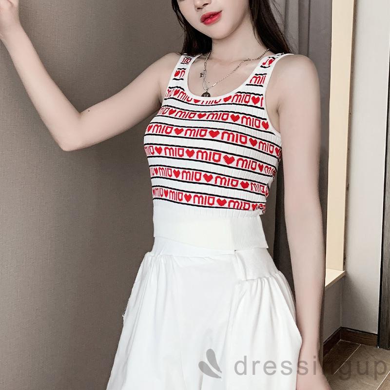 Áo Thun Dệt Kim Sát Nách Cổ Tròn In Chữ Và Trái Tim Ôm Dáng Cho Nữ