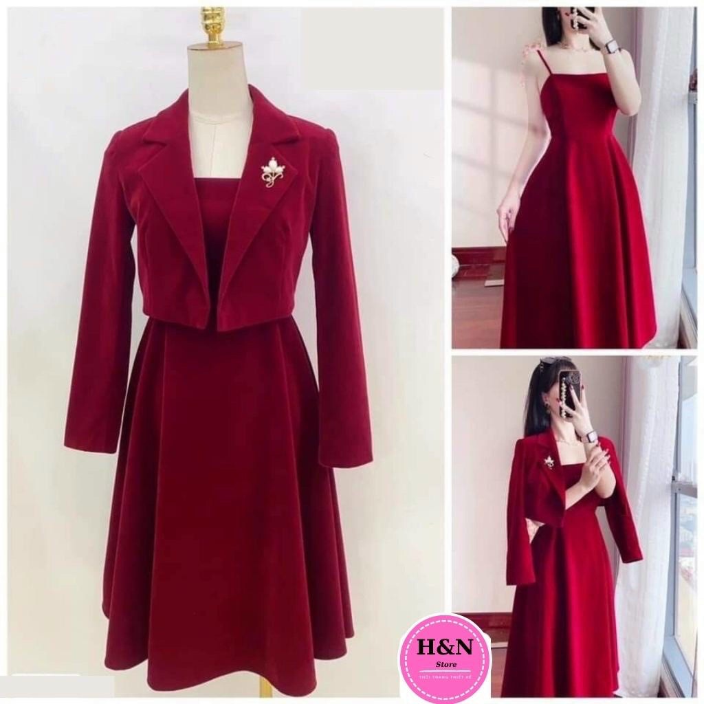 Sét đầm nữ 2 dây dáng xòe kèm áo khoác vest ngoài (có phụ kiện) sang trọng, quý phái thời trang nữ cho quý cô dự tiệc