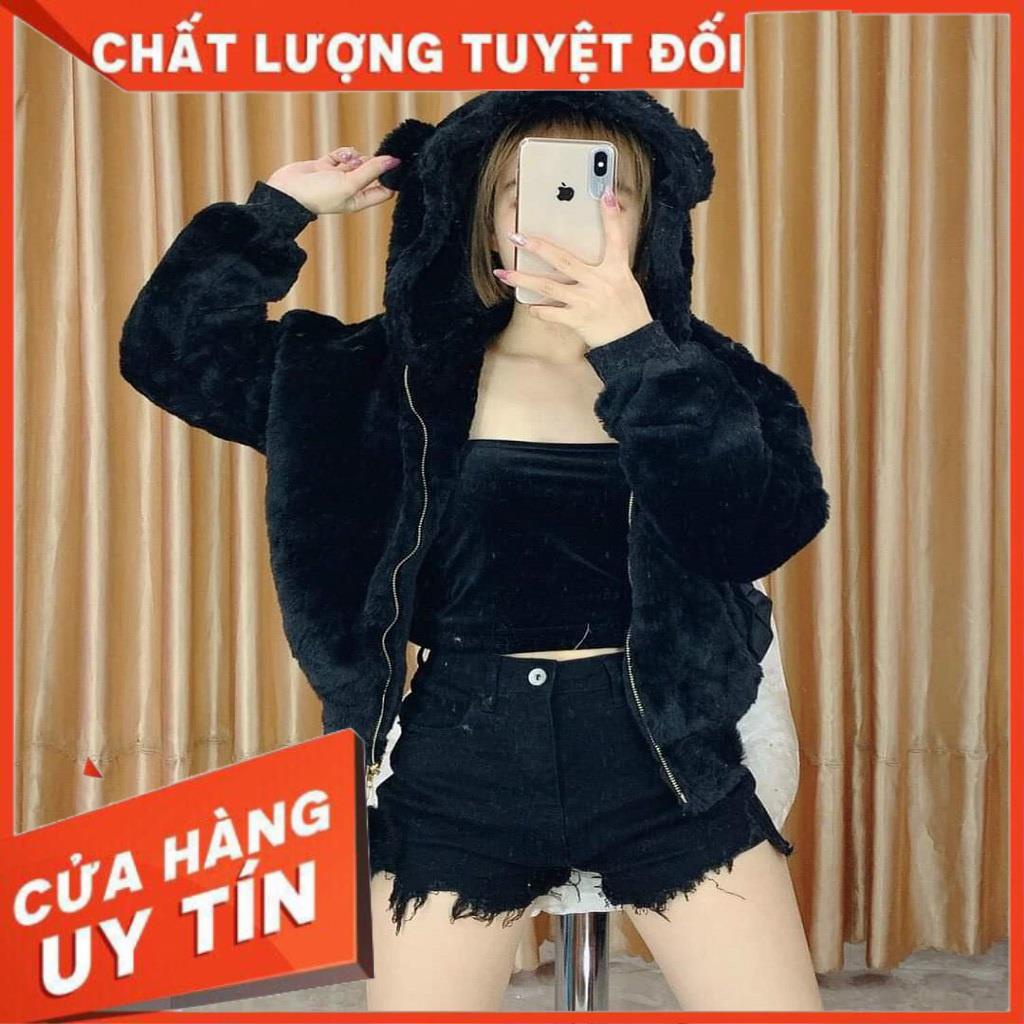 Áo khoác lông tai gấu ( kèm ảnh thật ) màu đen
