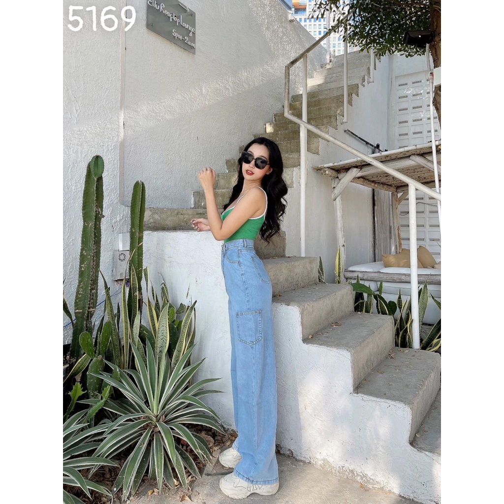 [ ĐẠI NÁO JEANS ] QUẦN JEANS ỐNG RỘNG NỮ LƯNG CAO TÚI HÔNG LAI CUỐN MÀU XANH NHẠT CAO CẤP HADI FORM DÀY DẶN MỀM MỊN