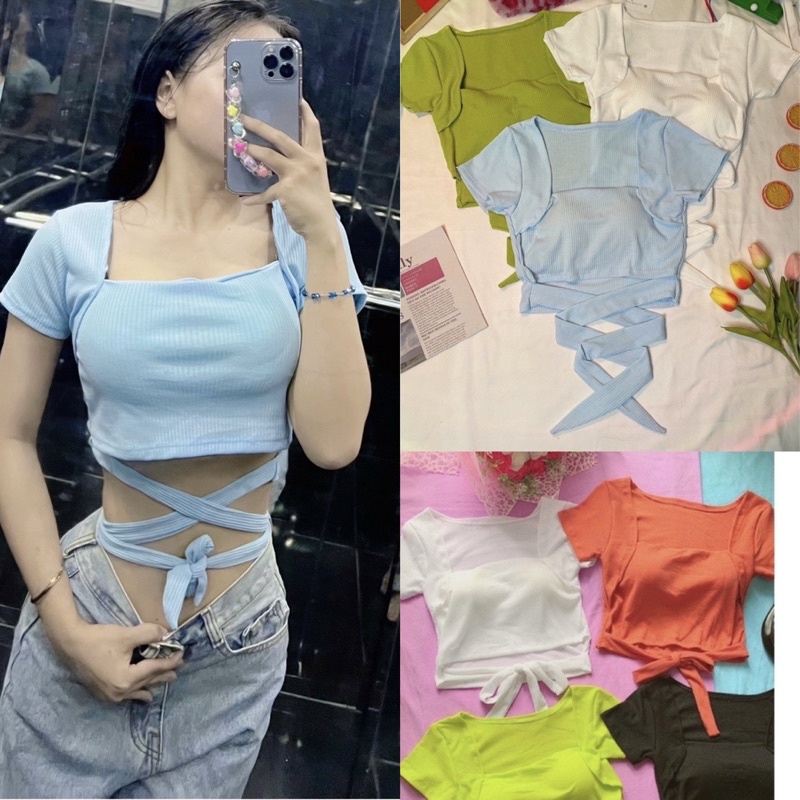 ÁO CROPTOP TAY NGẮN THUN GÂN CỘT EO NHIỀU MÀU- CHIZISHOP