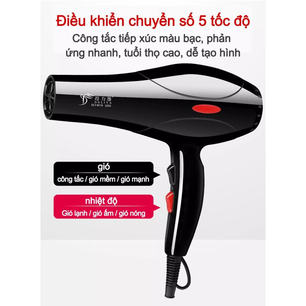 Máy sấy tóc công suất lớn tạo kiểu DELIYA chính hãng , máy khò tóc 2 chiều nóng lạnh 2200w bảo hành 12 tháng.