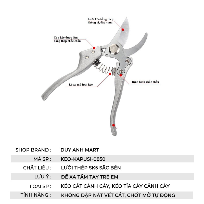 Kéo cắt cành KAPUSI Nhật Bản K-0850 kéo tỉa cành cây lưỡi thép SK5 siêu sắc Duy Anh