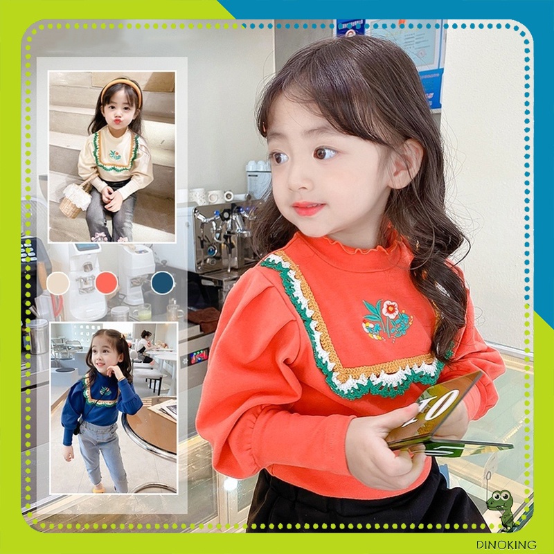 Áo thu đông bé gái thêu hoa DINOKING Áo dài tay phồng cho bé phong cách Hàn Quốc cổ 3p chất thun mềm mịn 2-8 tuổi AD14