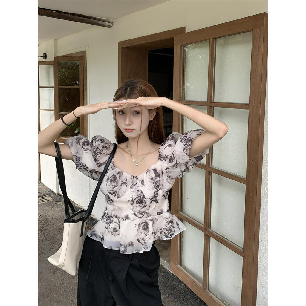 Áo Sơ Mi Tay Phồng Cổ Vuông Xinh Xắn Theo Phong Cách Retro  tao bao