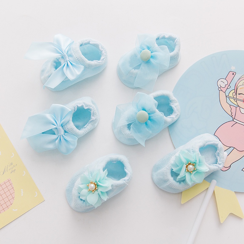 Set 3 Đôi Vớ cotton Mỏng Rỗng Chống Trượt Đính Nơ Phong Cách Hàn Quốc Dành Cho Bé Sơ Sinh