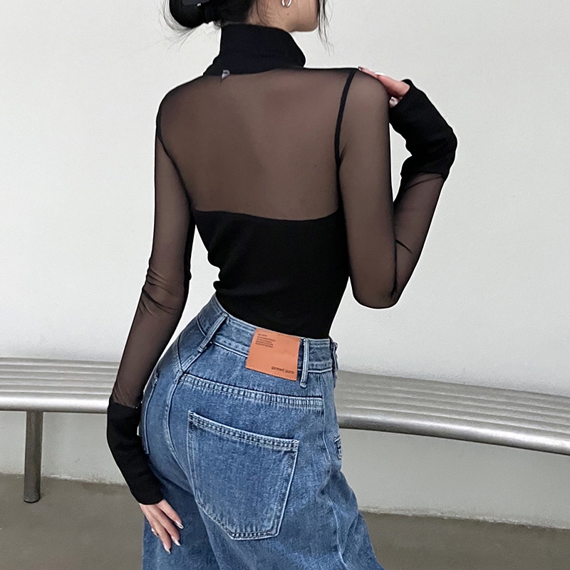 DUNEA Áo Liền Thân Dài Tay Cổ Cao Ôm Dáng Gợi Cảm Dành Cho Nữ