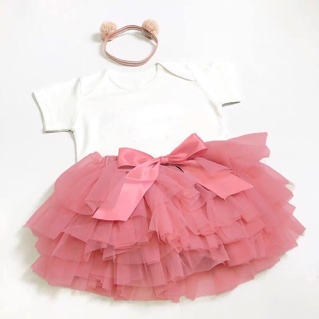 Váy đầm cho bé gái set bộ áo trắng mix chân váy hồng thắt nơ nhiều tầng điệu đà xinh xắn cho bé yêu JIMADO AA432
