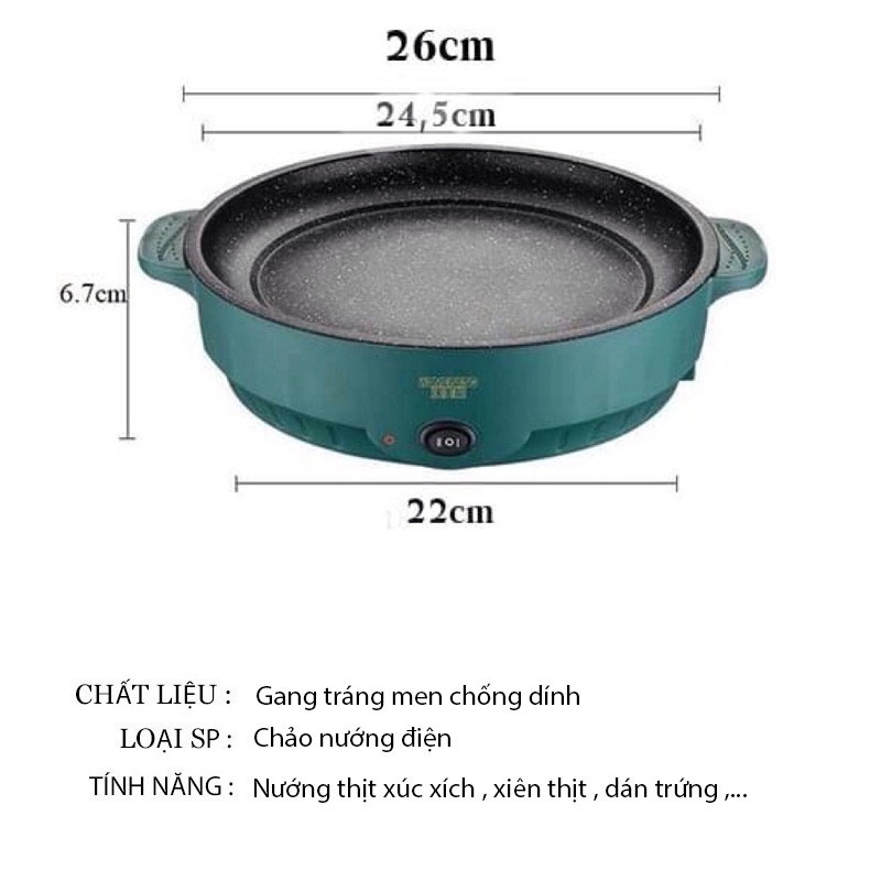 Chảo Nướng Điện Đa Năng Mini 26cm Chảo Nướng Chống Dính, Nướng Thịt  BBQ Hàn Quốc Nhanh Chóng
