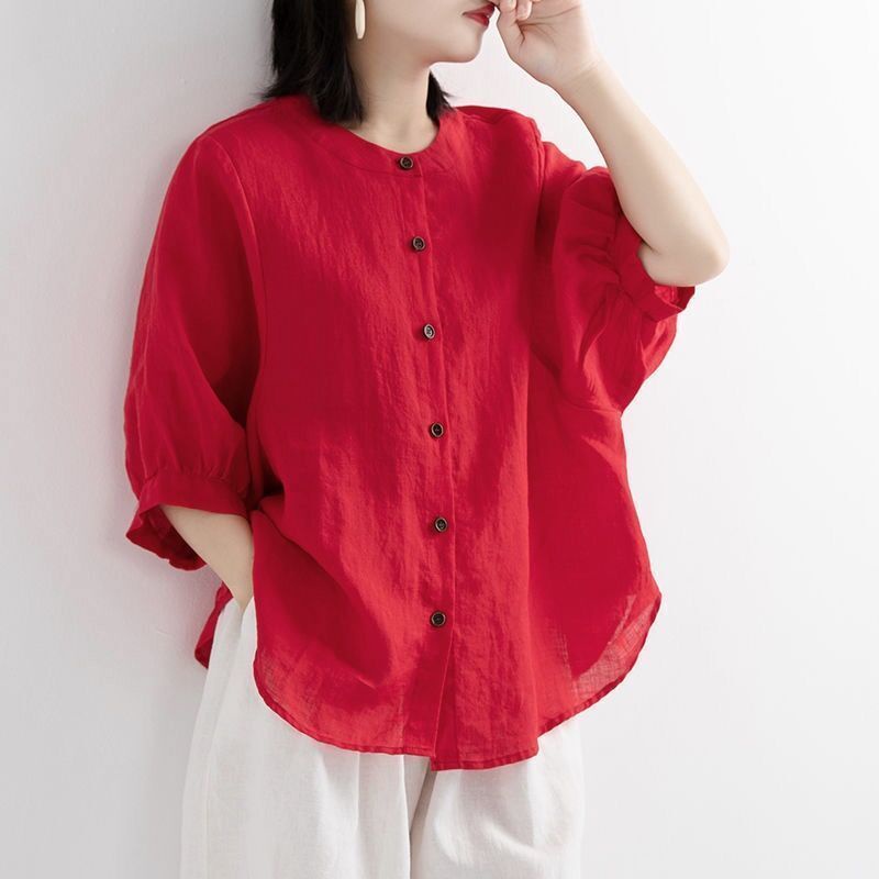 Áo Sơ Mi Cotton Lanh Mỏng Tay Phồng Dáng Rộng Màu Trơn Cổ Điển Thời Trang Cho Phụ Nữ Trung Niên