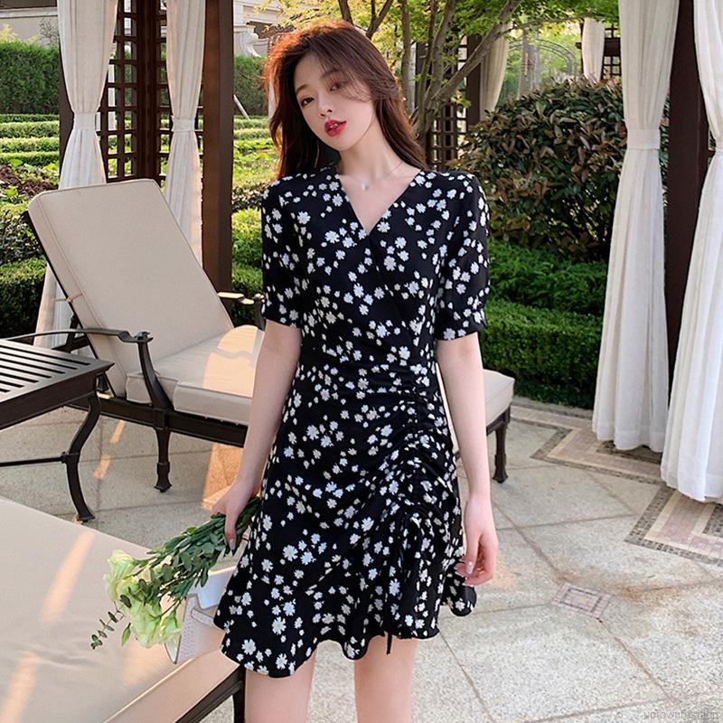 Đầm Hoa Tay Ngắn Cổ Chữ V Dáng Ôm Phong Cách Retro Pháp Thời Trang Mùa Hè