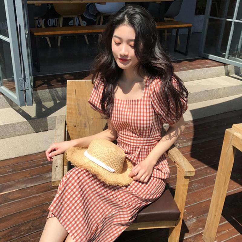 Đầm midi Tay Phồng Ca Rô Ca Rô Thời Trang Xinh Xắn Cho Nữ Mùa Hè 2022