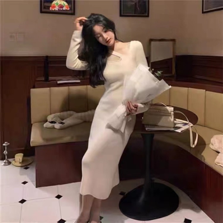 Đầm dệt kim dài dưới đầu gối dáng ôm gợi cảm thời trang mùa đông cho nữ