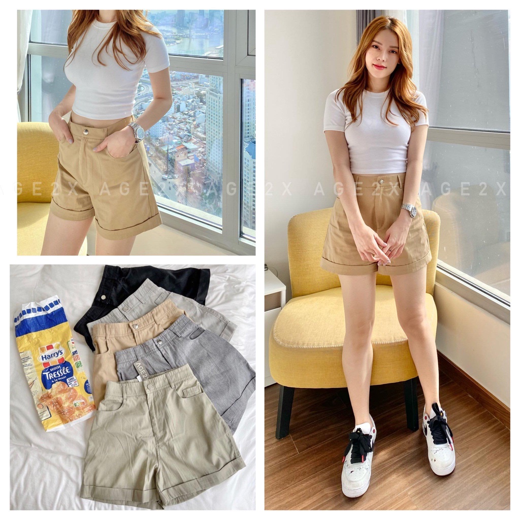 &lt;Siêu HOT&gt; Quần Short Lưng Cao Vải Kaki Cotton Thời Trang Năng Động Cá Tính Cho Nữ