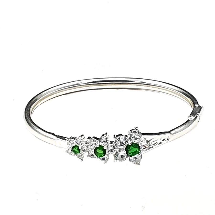 Vòng tay nữ BẠC HIỂU MINH LTU305S dạng kiềng tam hoa đá xanh