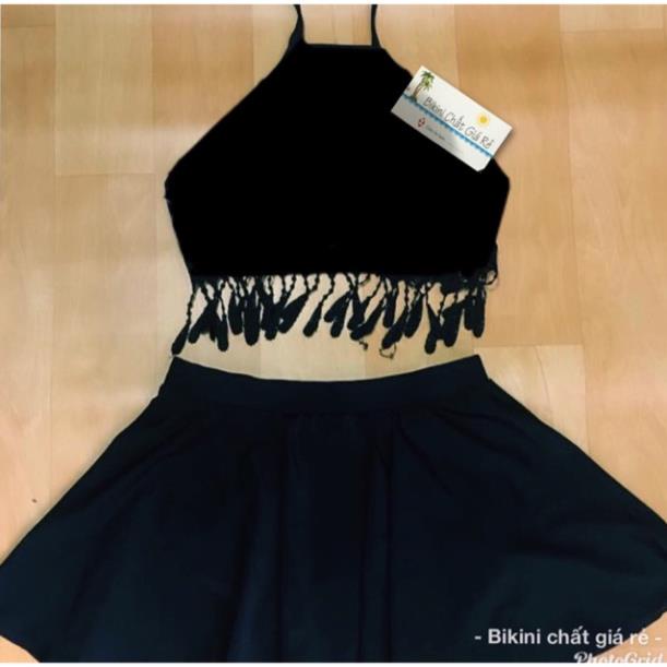 Đồ bơi Nữ Bikini 2 mảnh yếm đen tua rua ( Kèm ảnh khách) áo bơi tam giác phối váy quần thun lạnh 4 chiều Đẹp