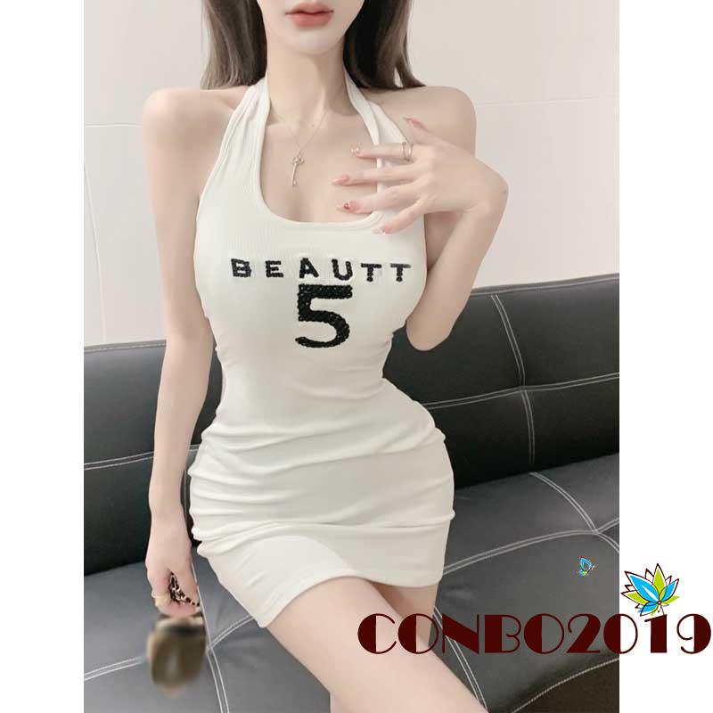 Đầm Ôm Hai Dây Hở Lưng Thêu Chữ Thời Trang Mùa Hè Cho Nữ