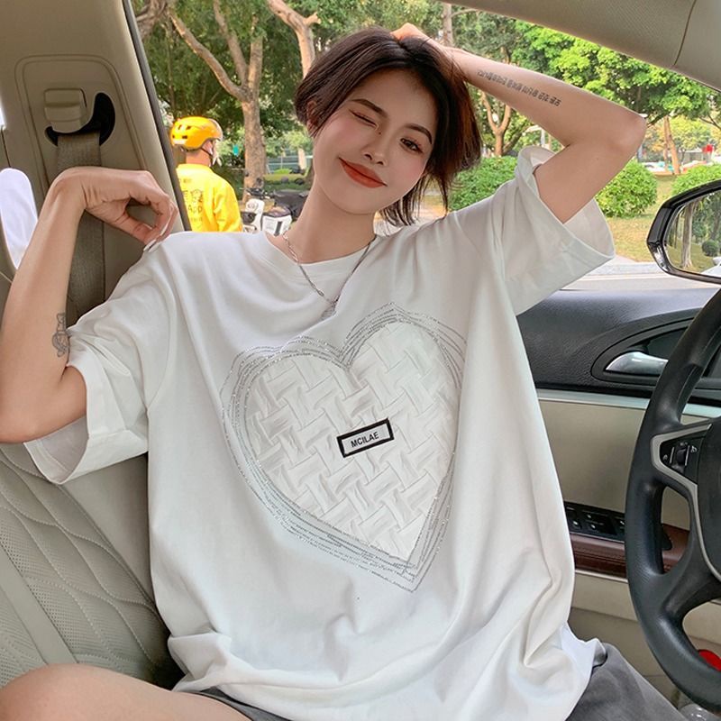 Áo Thun Tay Ngắn Dáng Rộng Đính Đá Thiết Kế Mới Thời Trang Dành Cho Nữ