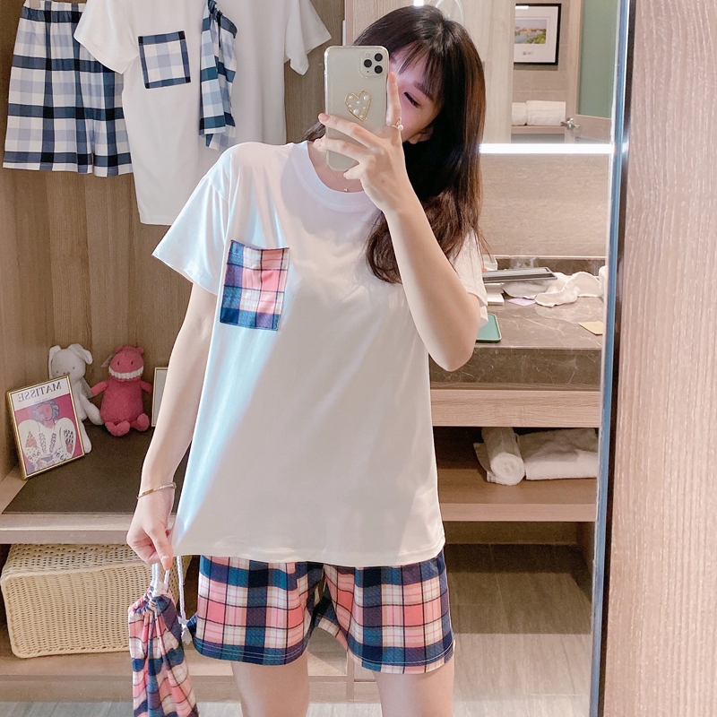 summer young girl korean fashion print short-sleeved T-shirt and plaid print shorts home wear pajama set 2 pieces | BigBuy360 - bigbuy360.vn