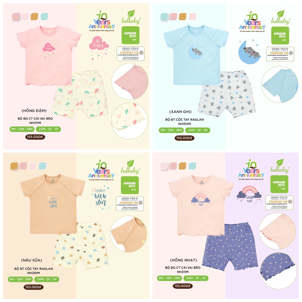 (LULLABY 2022) Bộ cộc tay cài vai bé trai/bé gái xuân hè 2022 chất superior petit