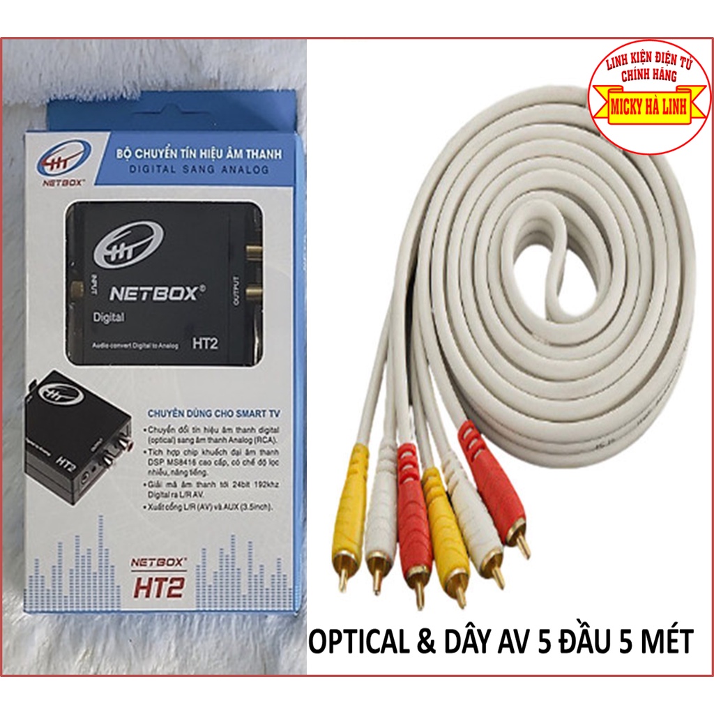 Bộ Optical Netbox HT2 và Dây Cáp Loa AV 6 đầu hoa sen- Bộ chuyển đổi âm thanh Optical và Dây cáp AV kết nối âm thanh