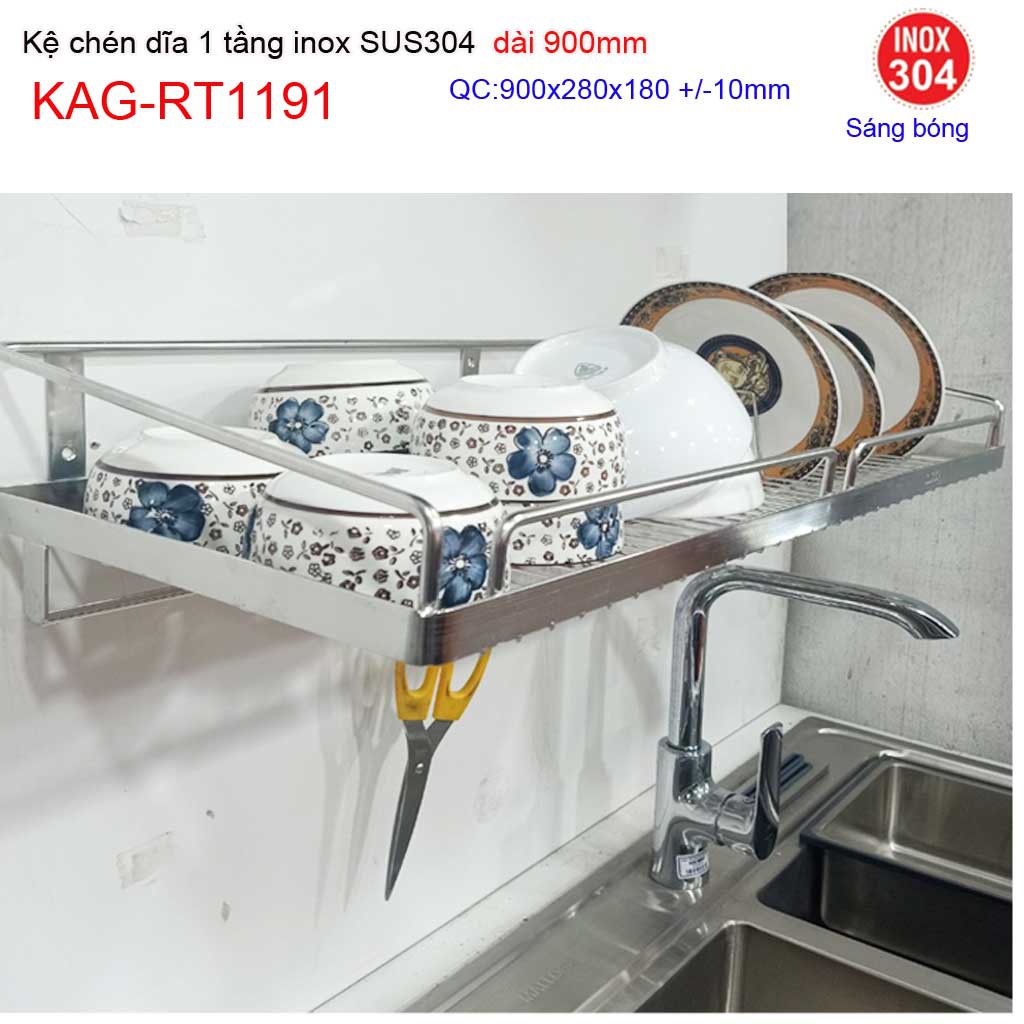 Kệ đựng chén bát inox SUS304,  kệ úp chén bát 1 tầng inox dài 90cm KAG-RT1191