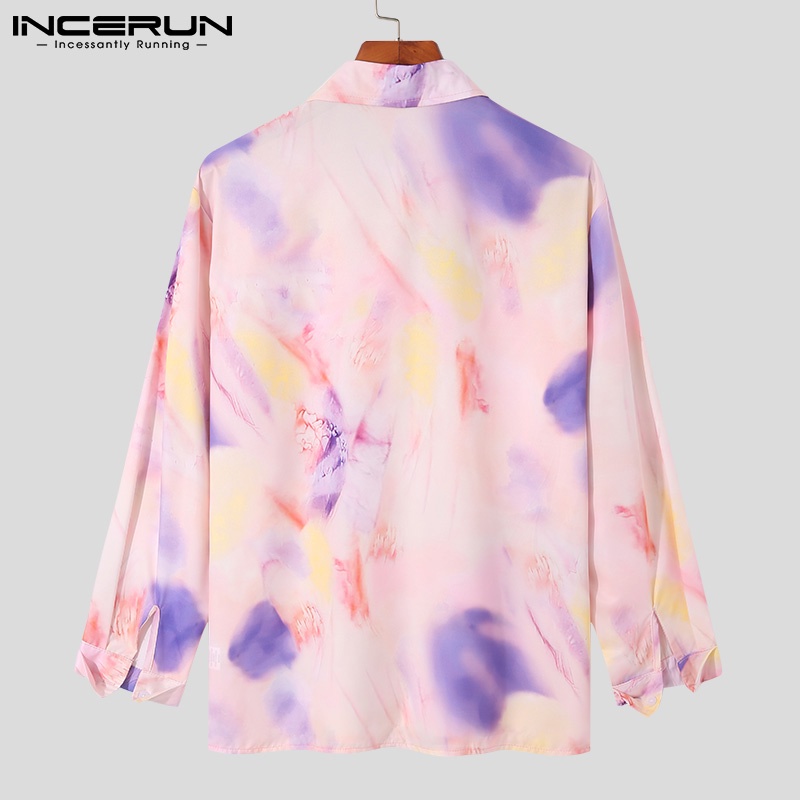 Áo sơ mi INCERUN tay dài cổ bẻ nhuộm màu loang thời trang dành cho bạn nam