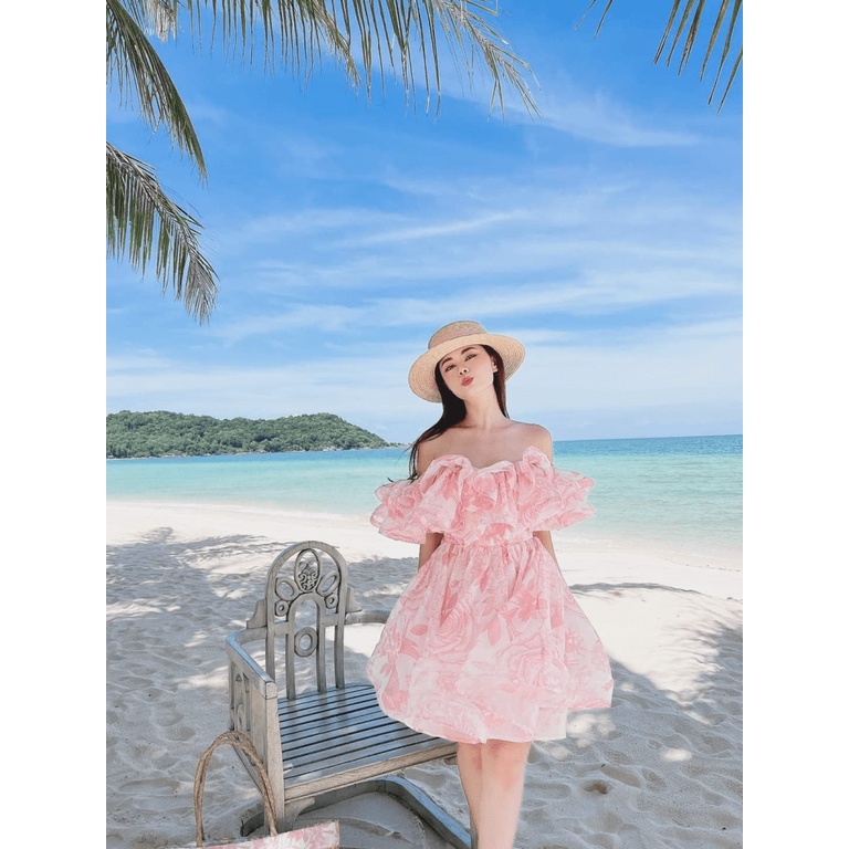 (Free ship) Đầm Thiết Kế HOT Trend --- Đầm Voan In Hở Vai Xinh Lung Linh UP HHP Fashion