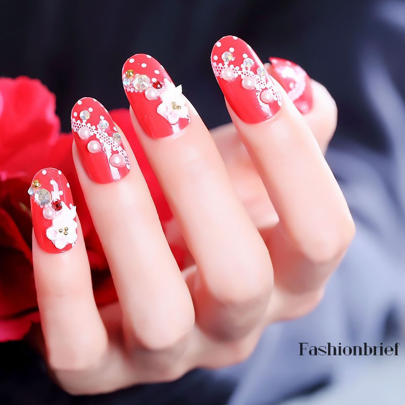 [Hàng mới về] Bộ 24 móng tay giả màu đỏ đính đá ấn tượng cho nữ