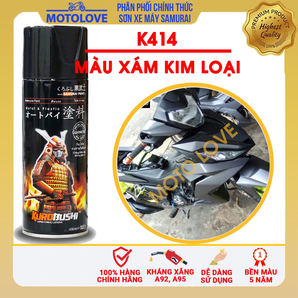 Sơn Samurai màu xám kim loại K414 - chai sơn xịt chuyên dụng nhập khẩu từ Malaysia.