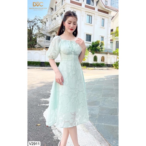 V2911 váy voan tơ màu xanh