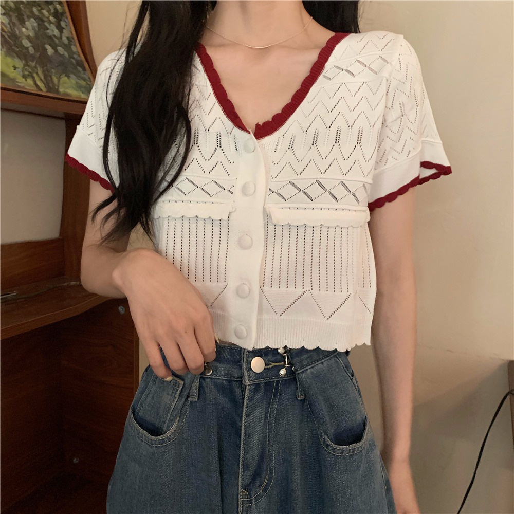 Áo lửng dệt kim ZHELIHANGFEI tay ngắn cổ chữ V thời trang dễ thương dành cho nữ