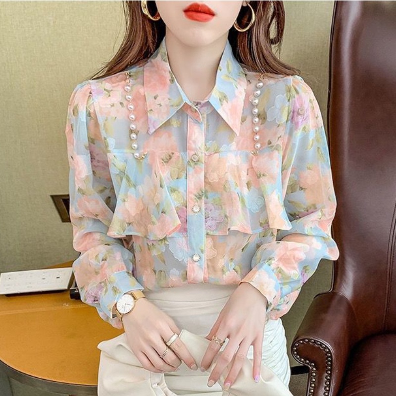 Áo Sơ Mi Voan Hoa Dài Tay Thời Trang Hàn Quốc Dành Cho Nữ