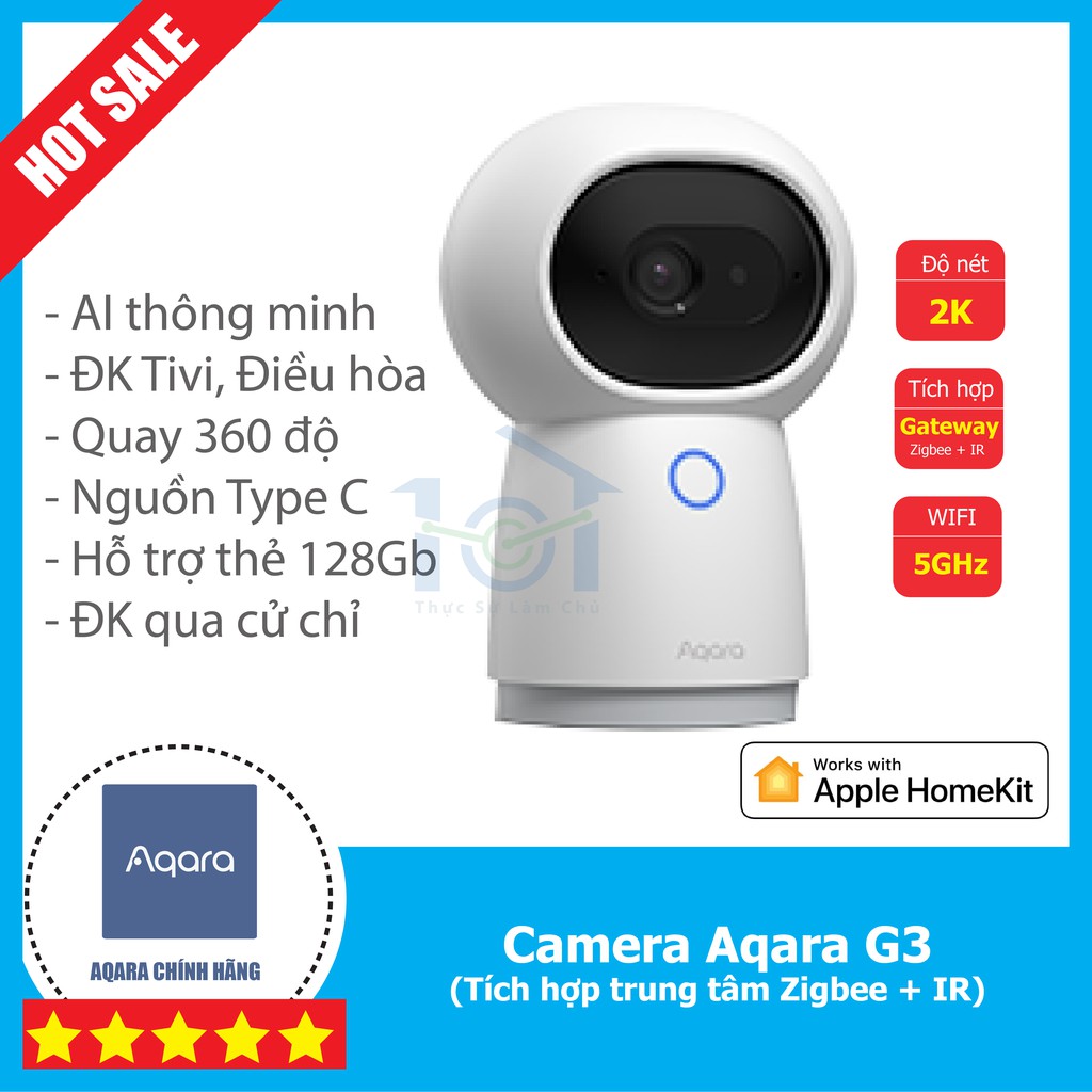 Camera thông minh Aqara G3 - Nhận diện AI, độ nét 2K, tích hợp dk hồng ngoại IR /Zigbee, Wifi 5G, Quay 360 - Homekit