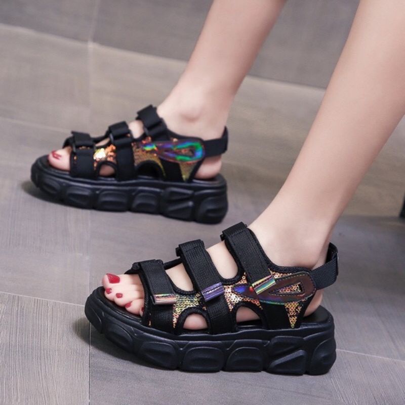 Sandal Nữ Độn Đế 4cm Họa Tiết Kim Sa Lấp Lánh
