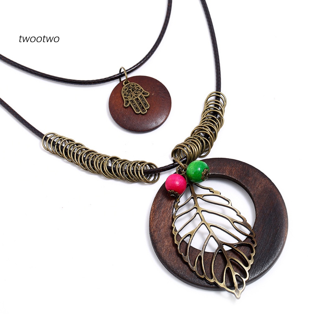 Vòng cổ nhiều lớp mặt gỗ lá và rồng phong cách vintage thời trang