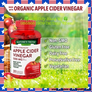 {Hàng Mỹ} Viên Uống, Kẹo Dẻo Giấm Táo Giảm Cân Organic APPLE CIDER VINEGAR Extra Strength 1200mg 180 viên Nature’s Truth