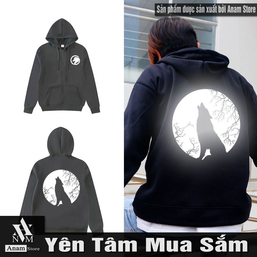Áo hoodie dây kéo, Vải Nỉ Ngoại, Nam Nữ, Phản Quang Sói Hú, Anam Store