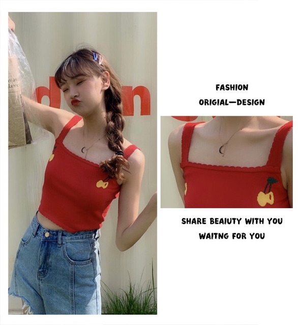 ☘️Ulzzang style☘️Áo Len Hai Dây Cherry☘️ Len Lạnh Mặc Hè☘️Hàng Quảng Châu