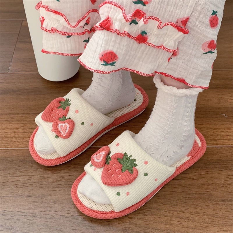 Oeteo Dép cotton Lanh Đi Trong Nhà Đế Bằng Họa Tiết Dâu Tây Dễ Thương Cho Nữ