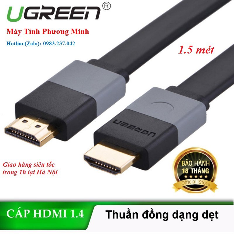 [Mã ELHACE giảm 4% đơn 300K] Dây HDMI Dẹt 1.5m Lõi Đồng cao cấp Ugreen 30109 - Bảo hành 18 tháng