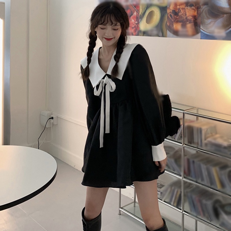 Đầm tay dài cổ búp bê phối nơ dáng rộng thời trang xinh xắn cho nữ