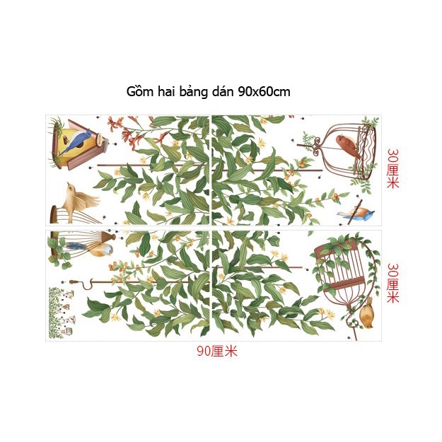 Tranh dán tường 3D hình nền hoa lá rủ và lồng chim KT 100x60cm, DECAL trang trí siêu rẻ