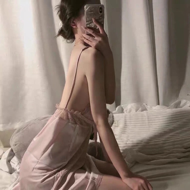 Váy ngủ sexy sâu cổ chữ v ren lưng đẹp váy dây mỏng băng lụa nữ váy ngủ | BigBuy360 - bigbuy360.vn