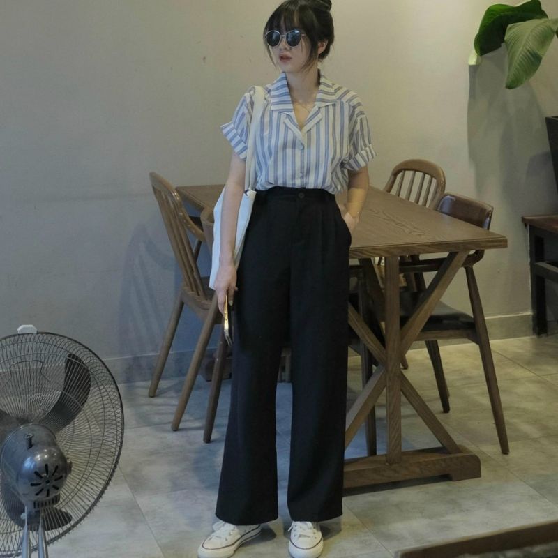 Áo sơ mi cổ vest kẻ sọc phong cách hàn quốc