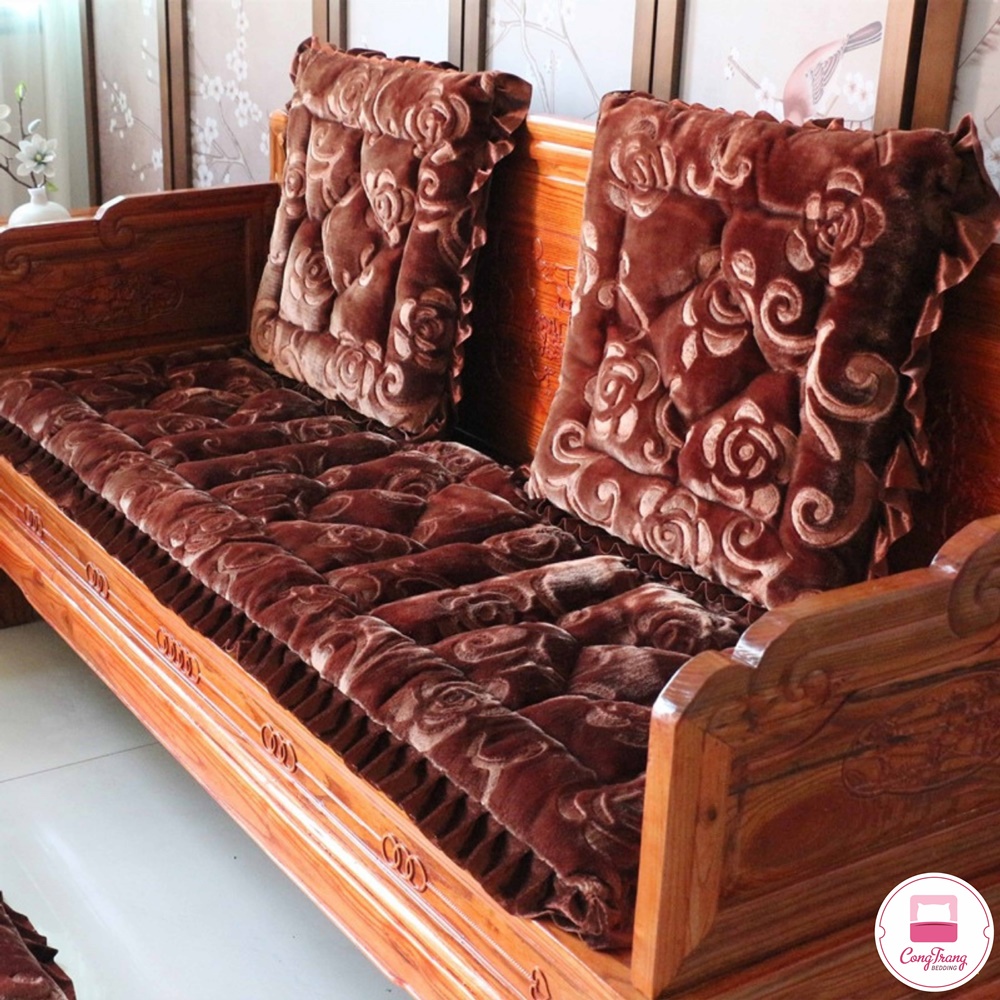 ( Quà tặng miếng dán 3M ) Bộ Đệm Ghế Gỗ, Trường Kỷ Sofa Hoa Hồng Chất Liệu Vải Nhung Ấm Áp ( Trọn Bộ 1 dài 2 ngắn)