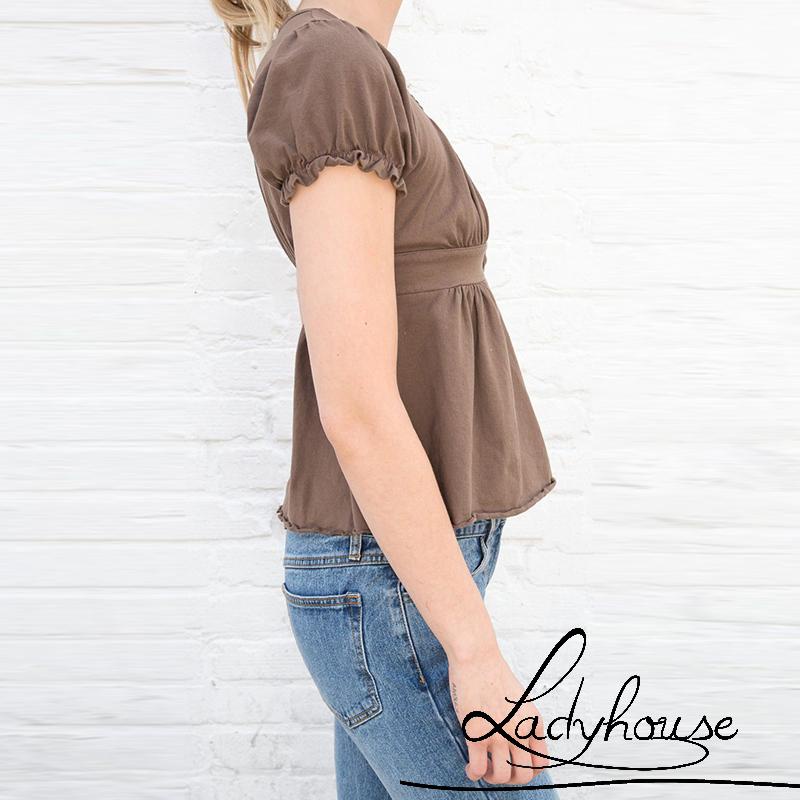 LD-Women´s Tops, V Neck Short Sleeve Fungus Trim Solid Color Loose Casual Pullover T-Shirt Summer