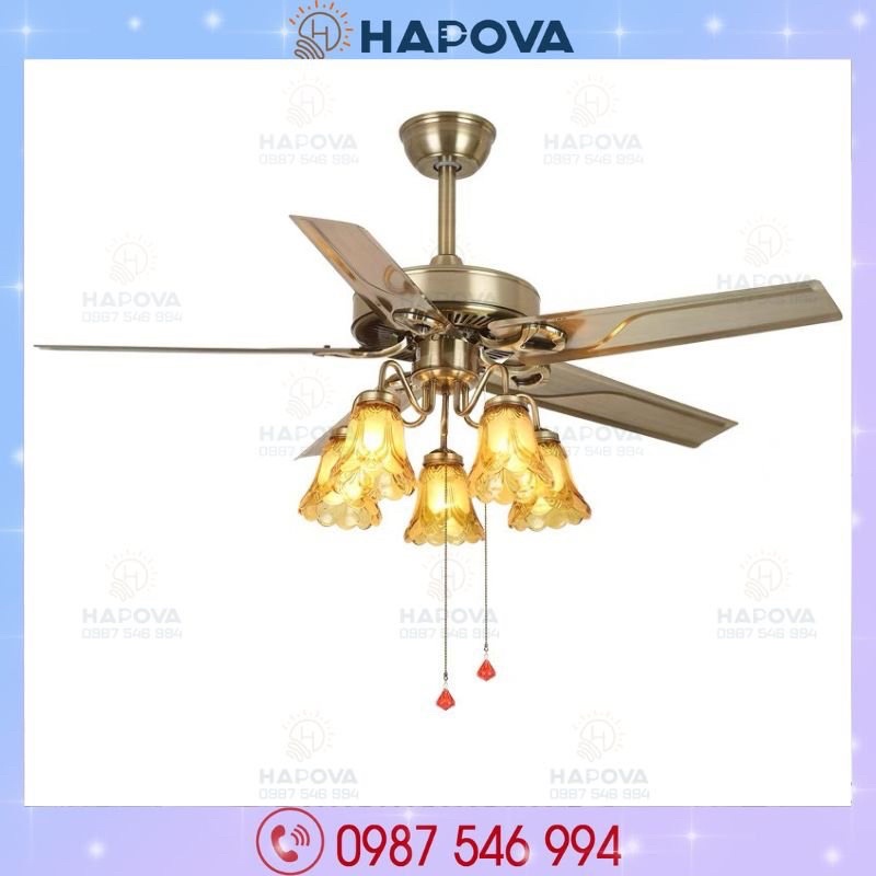 Quạt trang trí, Quạt có đèn 5 cánh Sắt 5 bóng HAPOVA WILCO 8095 ( + Tăng kèm bóng led AS Vàng)